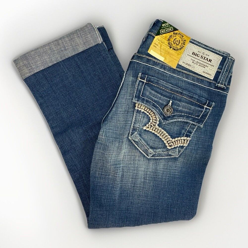 Y2K Big Star Rikki Embroidered Low Rise Crop Straight Blue Jeans 27L Flap Pocket